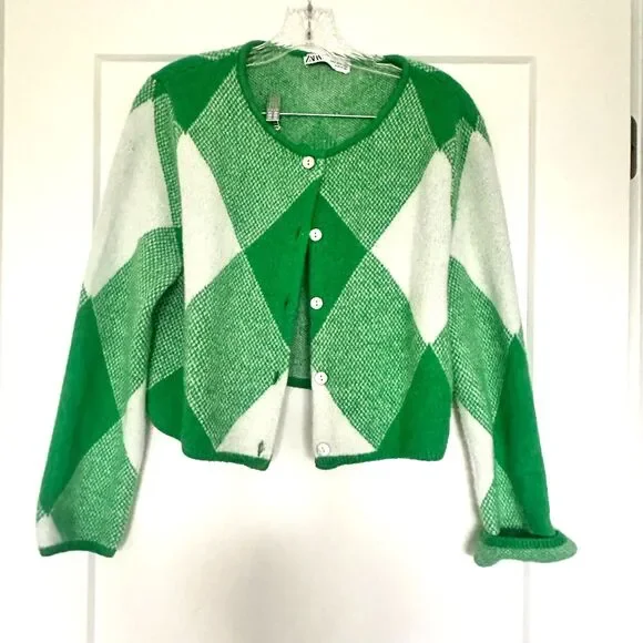 Zara Sweaters Zara Argyle Jacquard Knit Cardigan Crop Size S